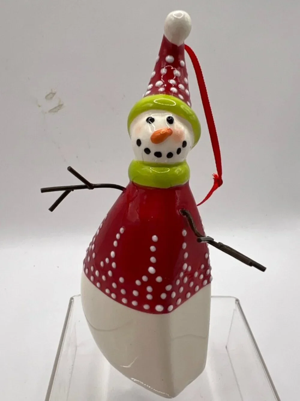 Glossy CERAMIC 3.5” SNOWMAN ORNAMENT Tree & Green Sweater Metal Arms